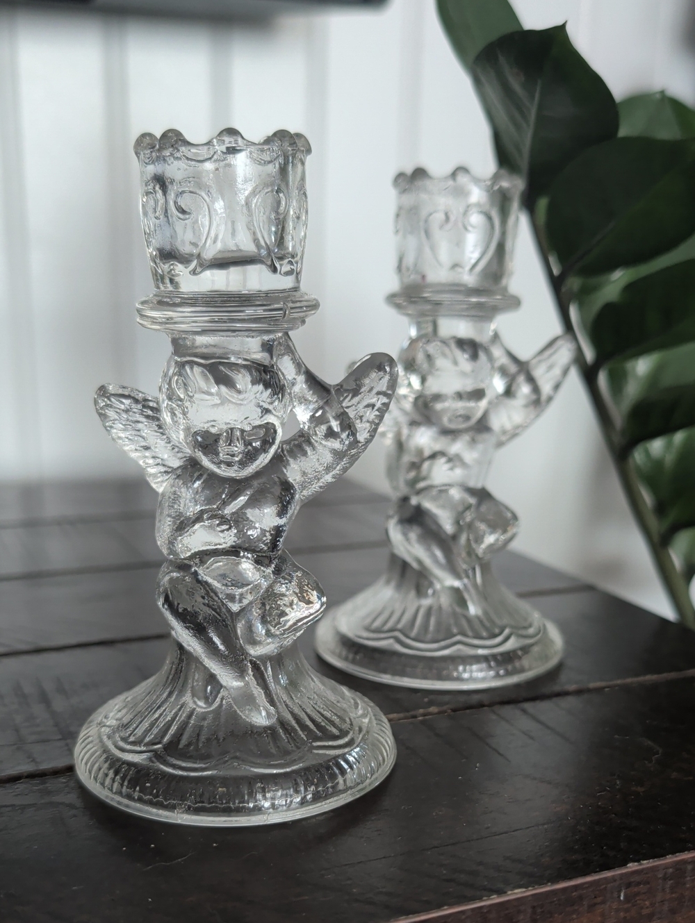 Set Of Cherub Glass Candle Stick Holders